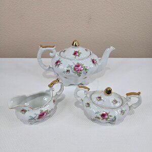 Vintage Lefton Elegant Rose Porcelain Tea Set Teapot Creamer Sugar Bowl